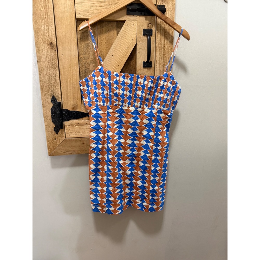 Maeve Anthropologie Ophelia Mini Dress Blue Orange Geometric Linen Blend Size 10 - Picture 4 of 11